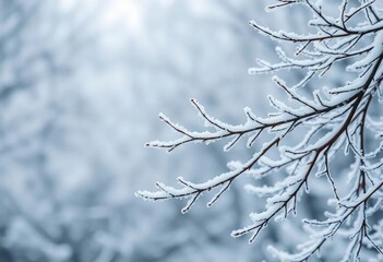 Obraz premium Elegant minimalist winter scene with frosted branches and snowflakes, holiday, tranquil