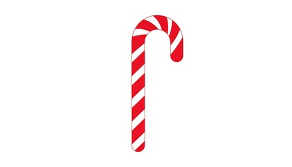 A red and white striped candy cane, a traditional Christmas sweet treat, is depicted isolated against a bright white background
