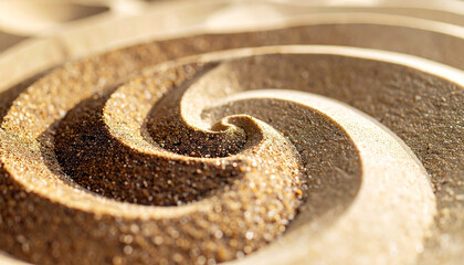 Spiral pattern created in light beige and dark brown sand, visually striking composition