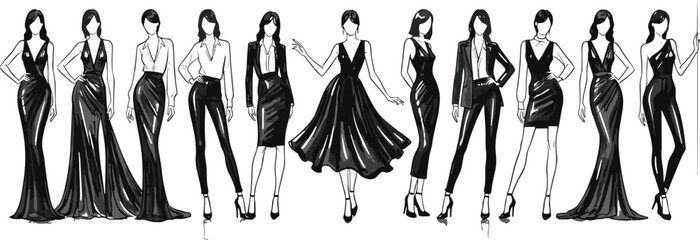 Fashion silhouette set, stylish women, black vector, gown, dress, jumpsuit, skirt, pose, model, editable, clipart, design, graphic, runway, elegance, outfit, collection, illustration, layout, beauty