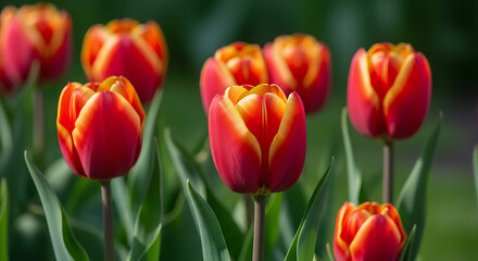 Obraz premium Vibrant red and yellow tulips blooming in a garden under natural sunlight, captured with shallow depth of field.