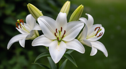 Close-up of a blooming white lily flower in natural garden light, showcasing delicate petals and fresh green background.