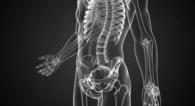 Human Skeleton Anatomy Model 3D Rendering Illustration: Bone Structure and Spinal Column on Dark Backdrop