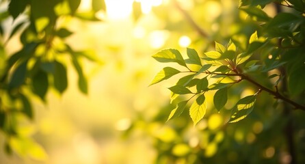 Green leaves on blurred natural background with bokeh and sunlight