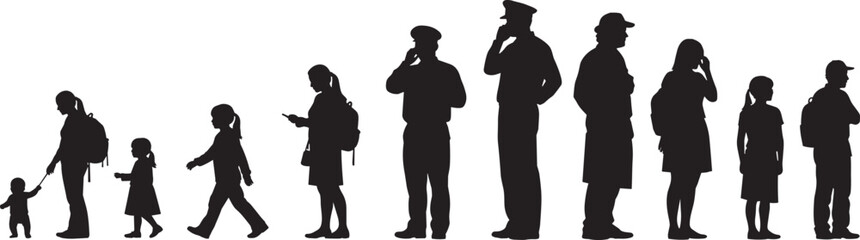 Human life cycle silhouette, aging stages illustration, family growth concept, generational timeline, child to elderly, healthcare, education, sociology, aging awareness, vector art