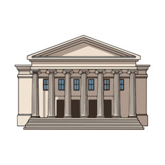 Fototapeta premium Illustration of a classical building facade with columns, a triangular pediment, and windows, presented on a white background.