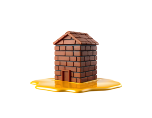A small brick house with a pitched roof sits on a puddle of yellow liquid isolated on transparent background
