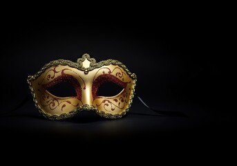 Elegant masquerade mask with intricate details set against a dramatic, mysterious dark background, evoking secrecy and refined allure ,isolated ,decorative ,drama