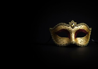 Elegant masquerade mask with intricate details set against a dramatic, mysterious dark background, evoking secrecy and refined allure ,isolated ,night ,festive