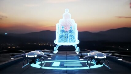 Futuristic drones over a rooftop delivering an object with a city in the background for delivery services - Powered by Adobe