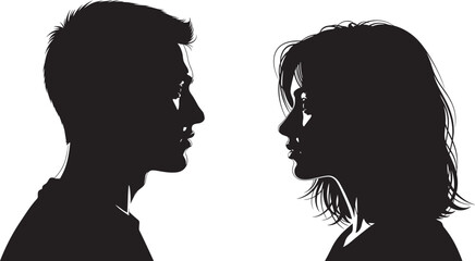 Silhouette profiles, two people facing, black vector art, emotional connection, human interaction, gender contrast, communication concept, artistic pose, white background, expression