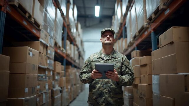 Military worker in camouflage uniform using tablet in large warehouse with stacked cardboard boxes