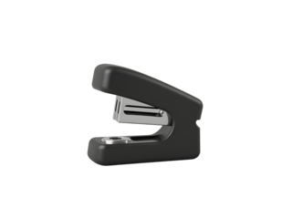 A sleek black office stapler with a metallic silver stapling mechanism isolated on transparent background