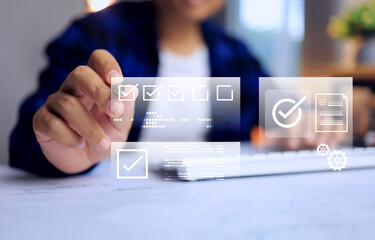 digital document concept with businessman tick checkmark to approve the task on jobs management...