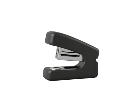 A sleek black office stapler with a metallic silver stapling mechanism isolated on transparent background