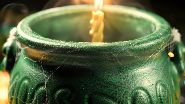 Green cauldron with candle burning, smoke rising, cobweb, bokeh background, for Halloween