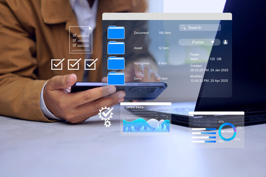data storage concept with a man using smart phone to down load digital document from servers and show detail of storage area in hard disk on virtual screen