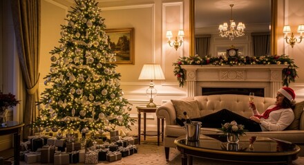 Festive living room with christmas tree and relaxed caucasian male enjoying a drink