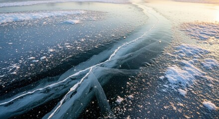 Frozen lake with ice cracks at sunrise