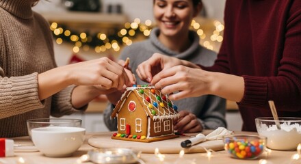 Caucasian adults decorating gingerbread house for christmas celebration
