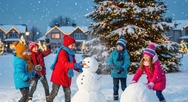 Joyful children building snowman in winter wonderland with festive lights