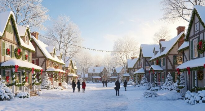 Charming snowy village with festive decorations and people strolling - Powered by Adobe