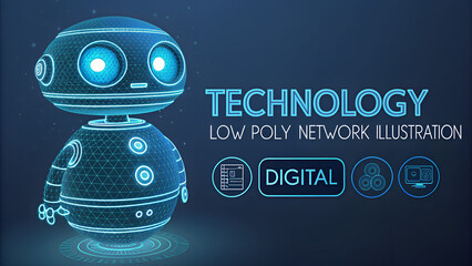 Hologram of AI Robot or Chatbot with Speech Bubbles on Technology Blue Background. AI Chat Bot Mascot. Low Poly Wireframe Tech Bg. Support Assistant Virtual Character. Digital Vector Illustration.