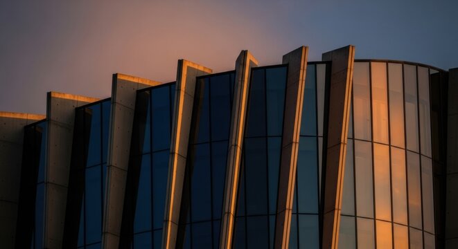 Modern architectural design of glass building at sunset with angular facade
