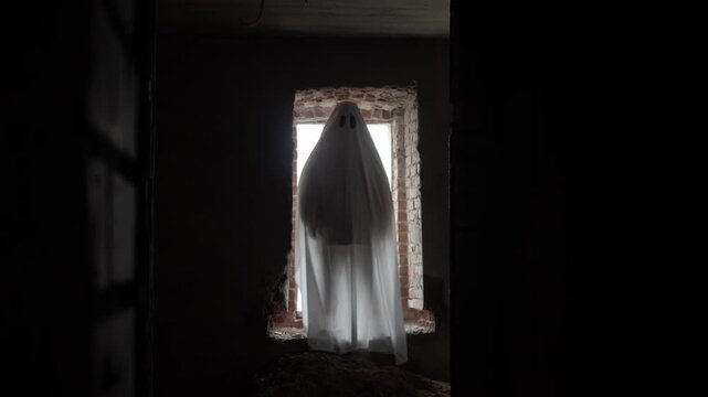 Mysterious ghost in white sheet with black eyes stands motionless in old brick window, abandoned building filled with deep shadows and rubble, scene combines Halloween eeriness with lonely, surreal