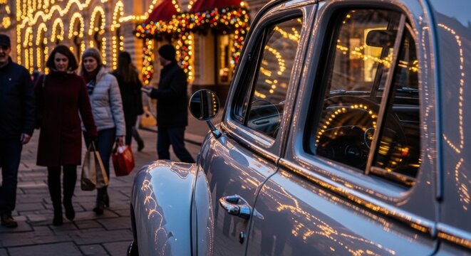 Fototapeta Vintage car and festive street scene with diverse shoppers and holiday lights