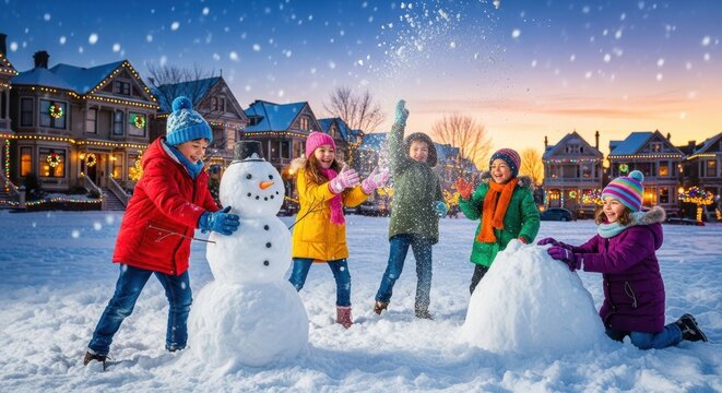 Diverse group of children playing in snowy winter wonderland