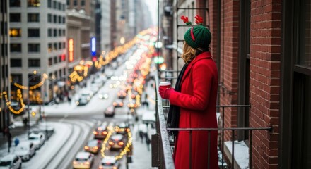 Obraz premium Caucasian female adult in red coat enjoying cityscape from snowy balcony