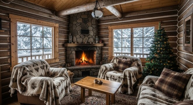 Cozy winter log cabin interior with fireplace and christmas tree in snowy mountains