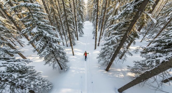 Aerial view of skier in snowy forest landscape with tall pine trees