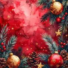 Glamorous and chic Christmas background with pine branches, red and gold baubles, glittering stars, pine cones, red berries in crimson background