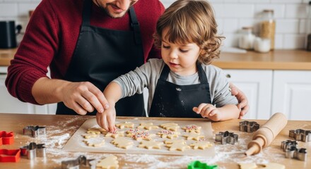 Caucasian male adult and young child baking cookies together in kitchen