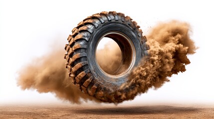 Tire is in the air with a lot of dust and dirt surrounding it. The tire is spinning and creating a lot of dust. The image has a sense of motion and energy