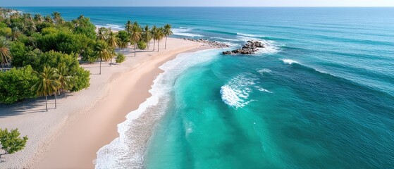 Aerial view of a tropical beach with white sand turquoise ocean water and lush green palm trees under a clear blue sky