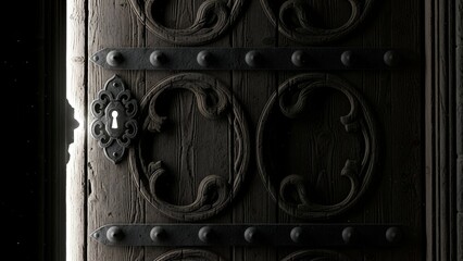 Close-up of ornate wooden door with antique metalwork, handle, and keyhole