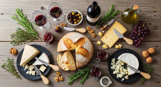 Assorted cheeses, bread, and wine on rustic wooden table with garnishes