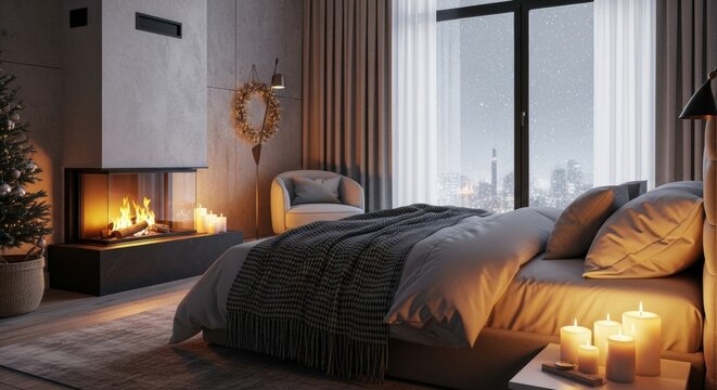Cozy modern bedroom with fireplace and winter city view through large window