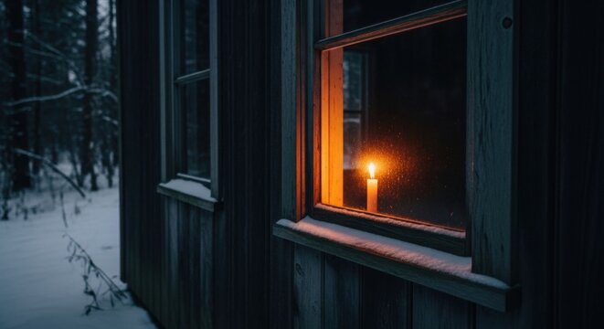 Candlelight in winter cabin window at dusk in snowy forest setting