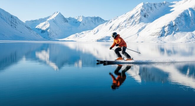 Man skiing on water with snowy mountain reflections at sunset