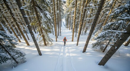 Winter adventure: solitary journey of a skier on a snowy forest trail