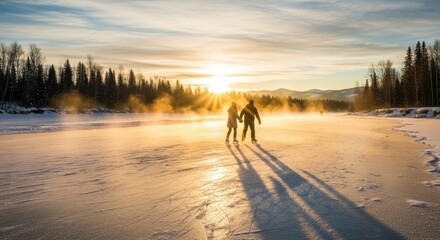 Couple ice skating on frozen lake at sunrise in winter landscape