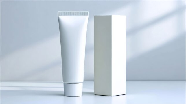 Tube of white toothpaste sits next to a white box. The tube is empty and the box is unopened