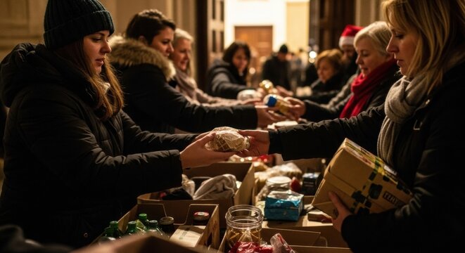 Group of diverse adults volunteering at food donation event in winter clothing - Powered by Adobe