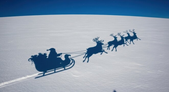 Silhouette of santa's sleigh and reindeer on snowy night