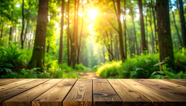 Wooden table in a sunlit forest