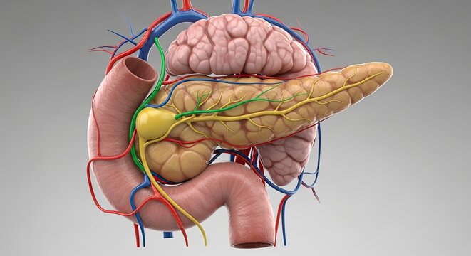 Human Pancreas and Duodenum Anatomy Medical Illustration Showing Vascular System on White Background Used for Training or Education